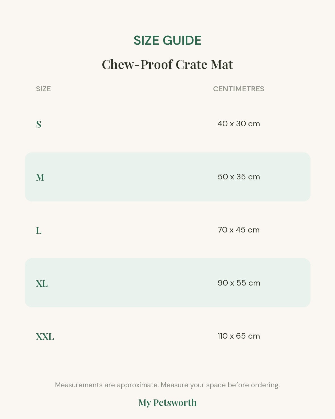 Size guide for the Chew-Proof Waterproof Crate Mat for Large Dogs showing measurements in centimetres for each size