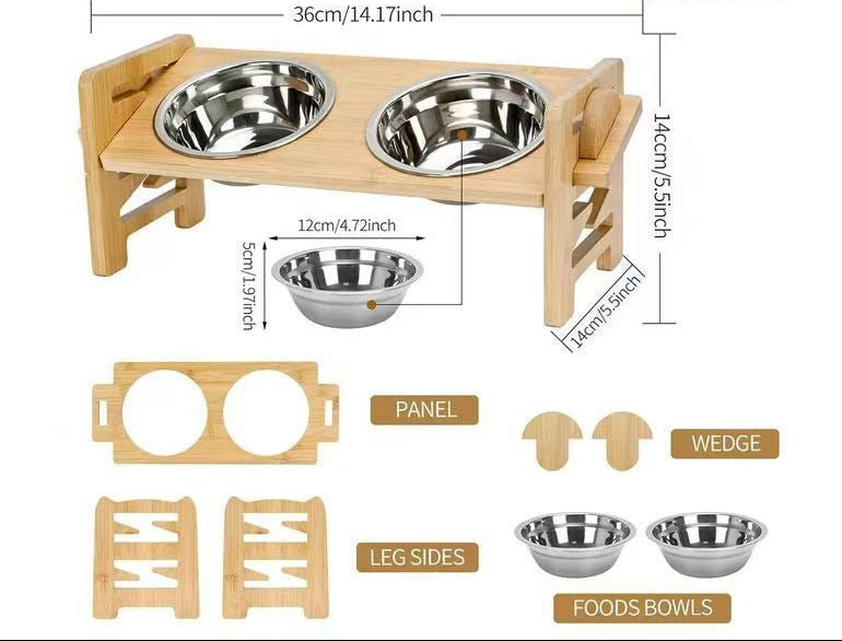 Raised dog bowl stand with all parts laid out: bamboo frame and stainless steel bowl