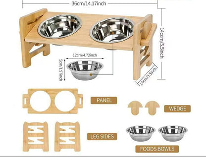 Raised dog bowl stand with all parts laid out: bamboo frame and stainless steel bowl