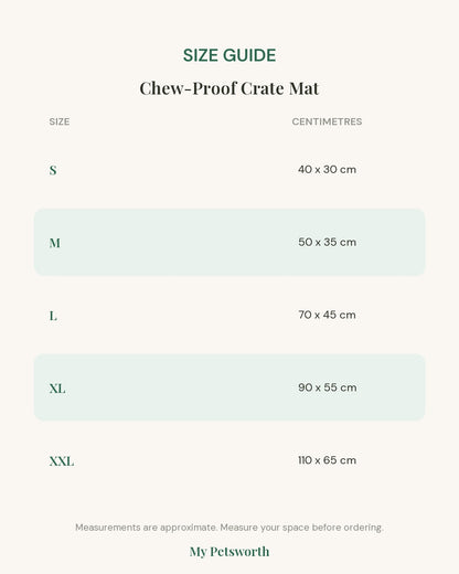 Size guide for the Chew-Proof Waterproof Crate Mat for Large Dogs showing measurements in centimetres for each size