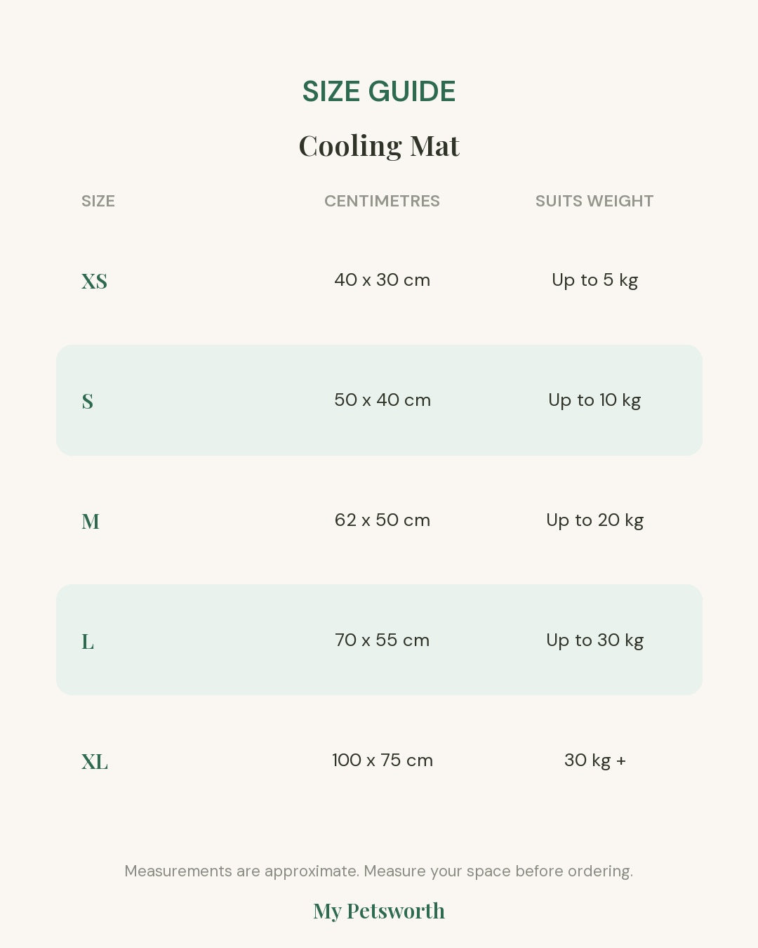 Size guide for the Dog Cooling Mat Extra Large showing measurements in centimetres and suggested weight for each size