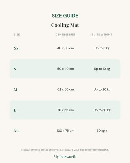 Size guide for the Dog Cooling Mat Extra Large showing measurements in centimetres and suggested weight for each size