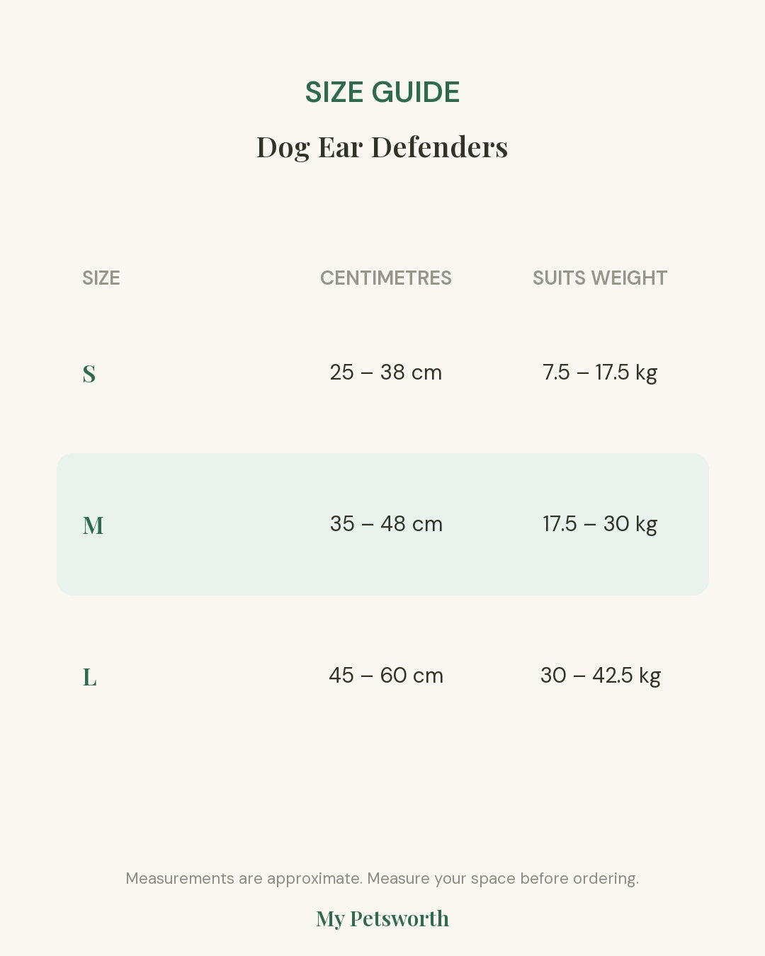 Size guide for Dog Ear Defenders showing head circumference and suggested weight for sizes S, M and L