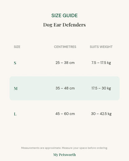 Size guide for Dog Ear Defenders showing head circumference and suggested weight for sizes S, M and L