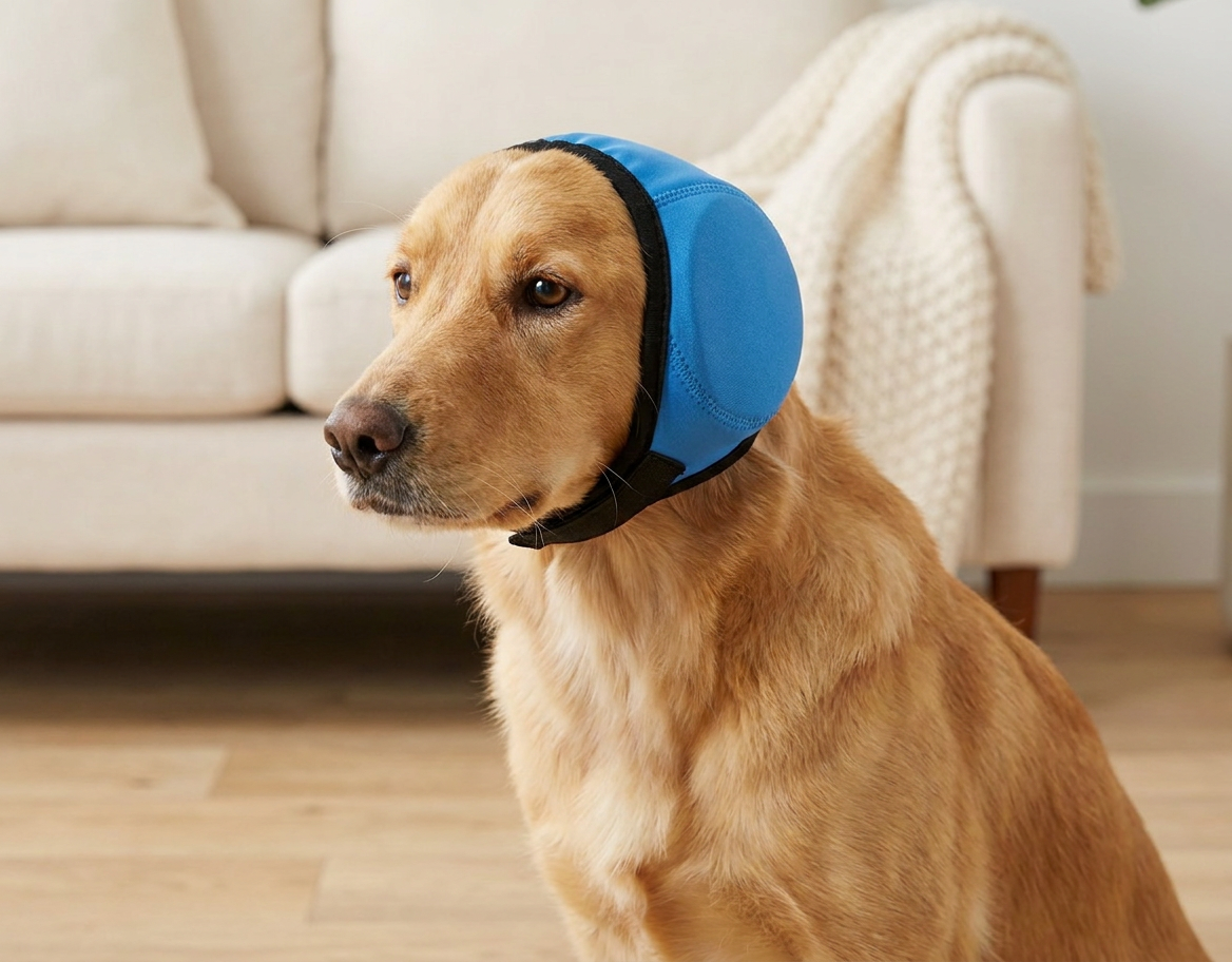 Golden retriever wearing blue noise-reducing ear defenders indoors